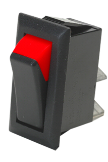 K4, 20 Amp Off / On Rectangular Rocker Switch, Red Edge To Indicate On w/ Tab Terminals - Black
